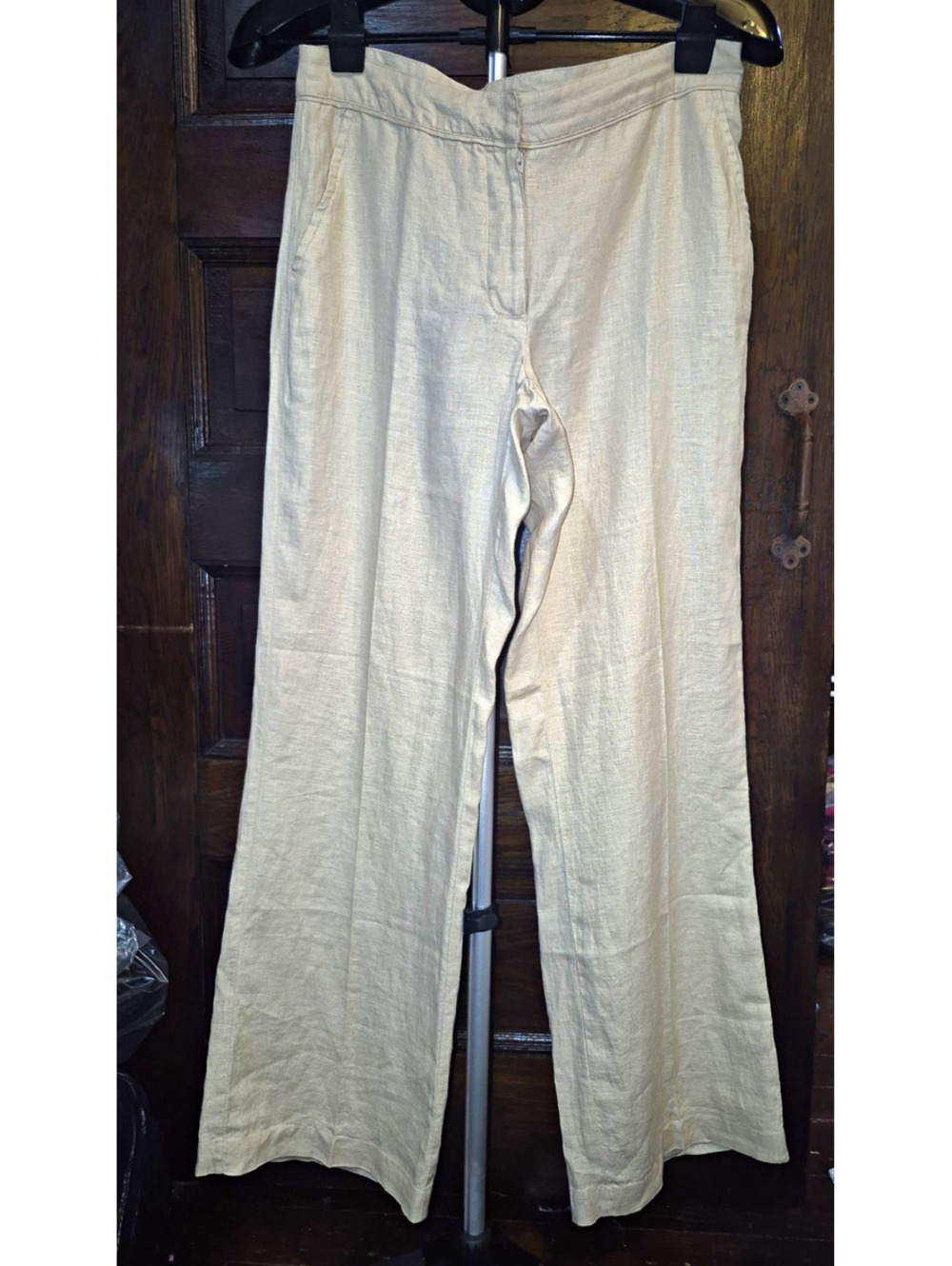 Chico’s Women’s Beige Solid Linen Lightweight Flat Front Straight Dress Pants S